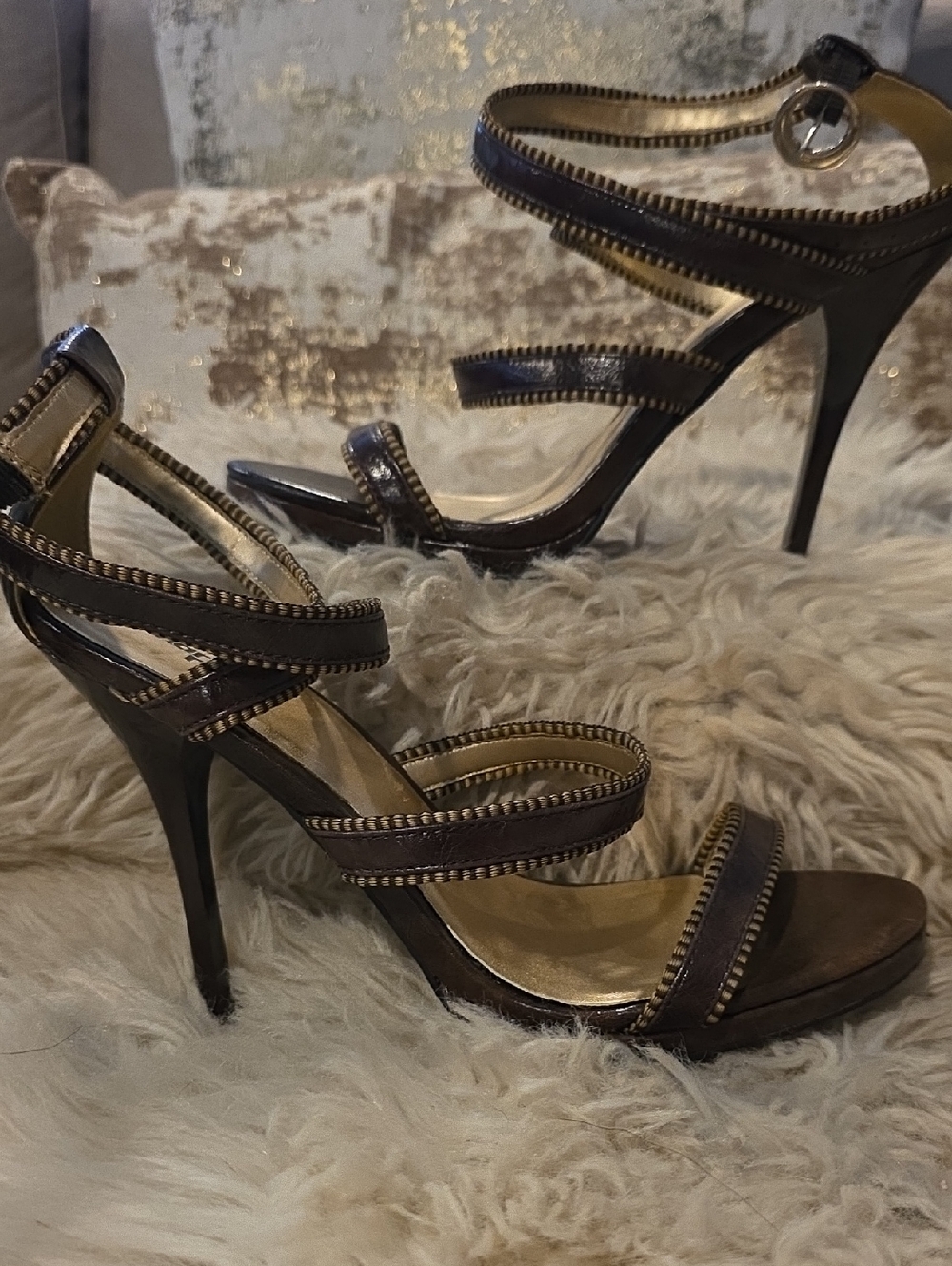 Size 9. Charlotte Russe bronze zipper strappy heel sandals.